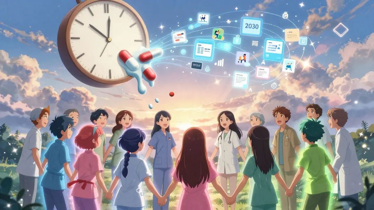 Diverse patients holding hands under a future remission roadmap with glowing treatments