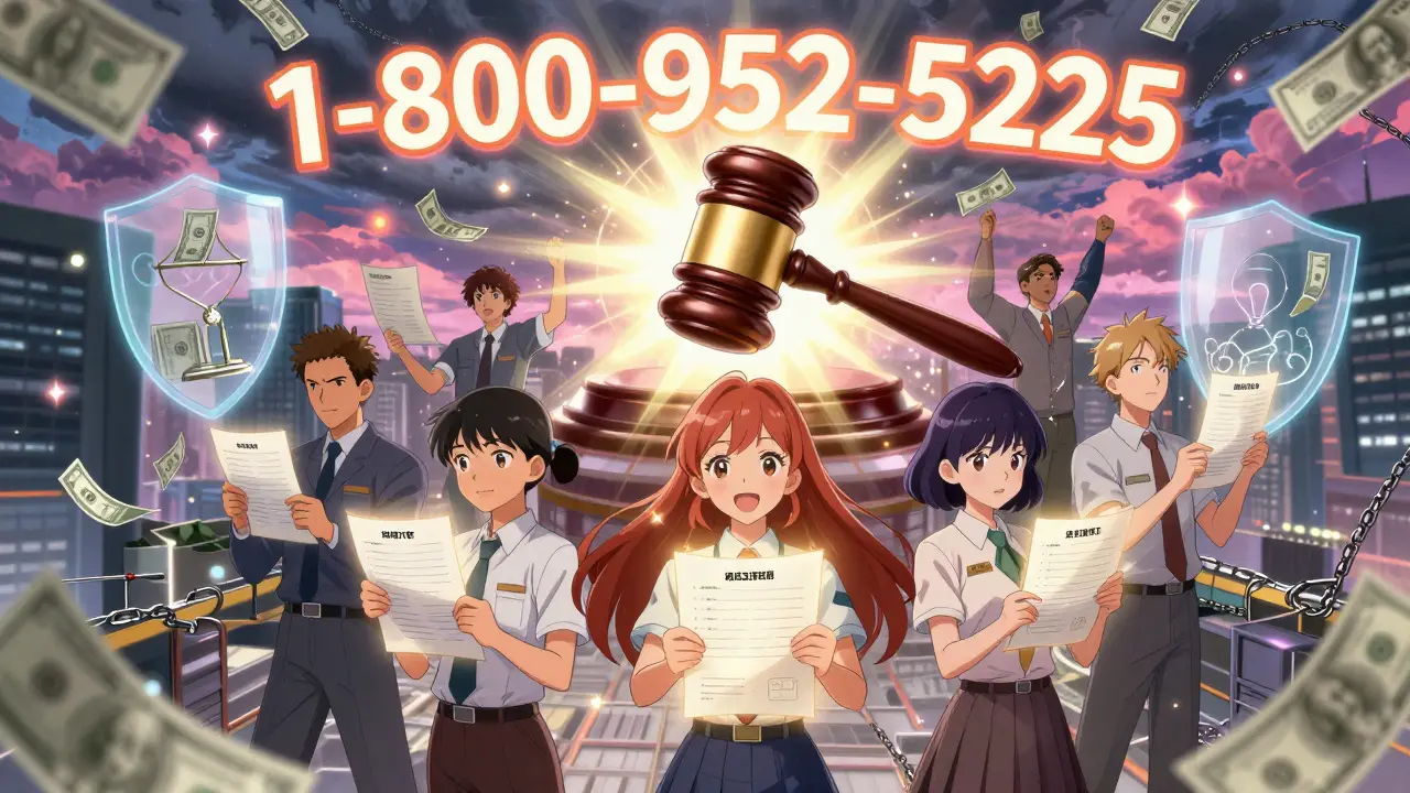 Diverse workers form a protective circle under a glowing legal barrier, surrounded by floating whistleblower rights text.