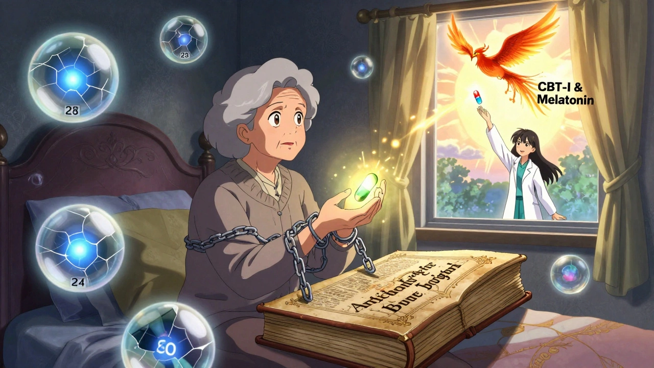 Elderly woman surrounded by fading memory orbs, chained to a book of anticholinergic risks, phoenix of safe alternatives rising outside.