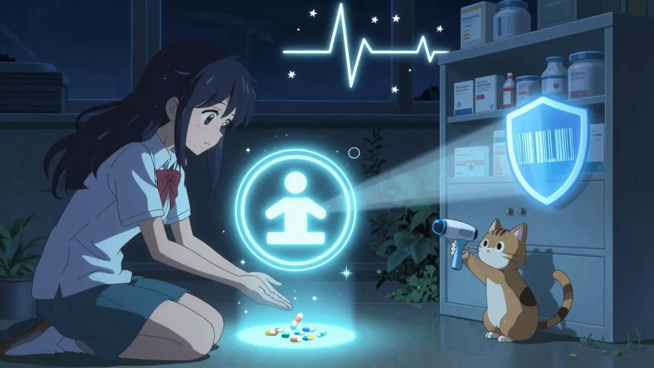 Girl disposing of expired meds through a magical portal at night