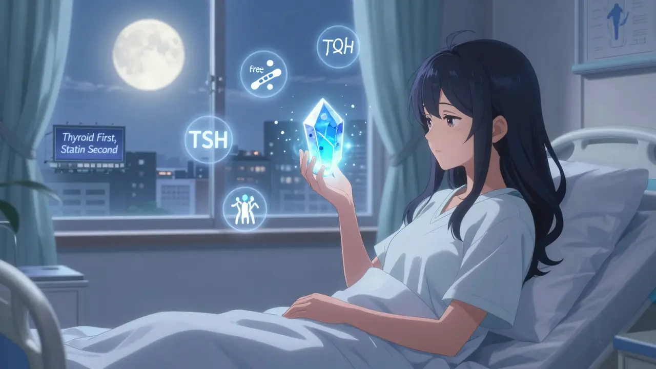 Girl holding CoQ10 crystal over sleeping patient as thyroid levels normalize in soft light.