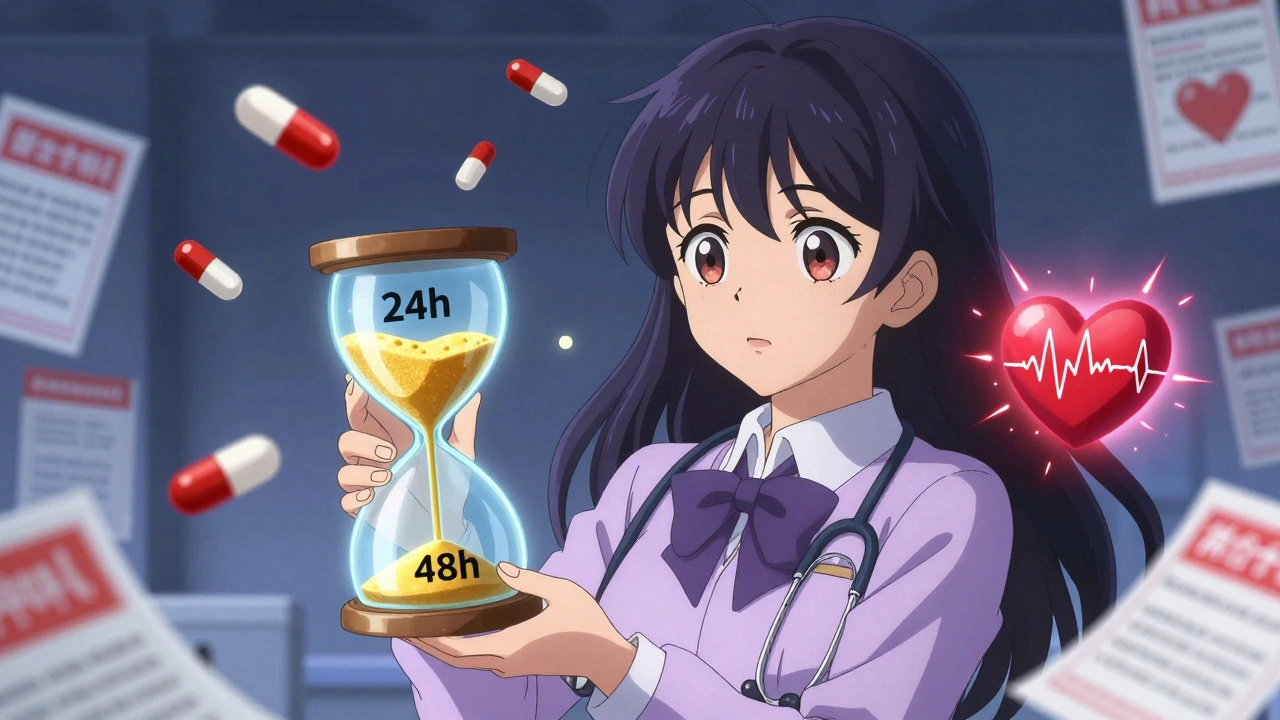 Girl with stethoscope scarf holding an hourglass showing 24h and 48h gaps between pills floating in mid-air.