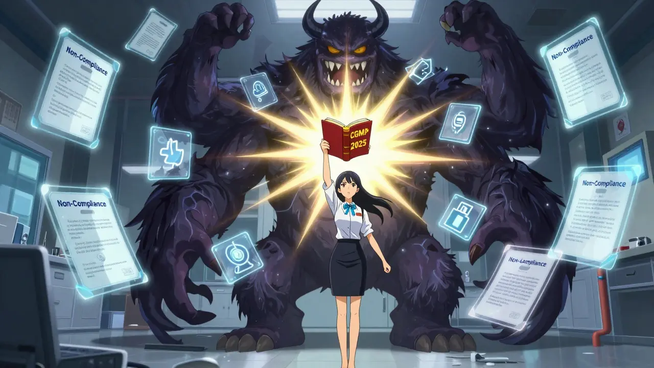 Heroic quality manager defeating a shadow monster of GMP failures with a radiant CGMP 2025 book of light.