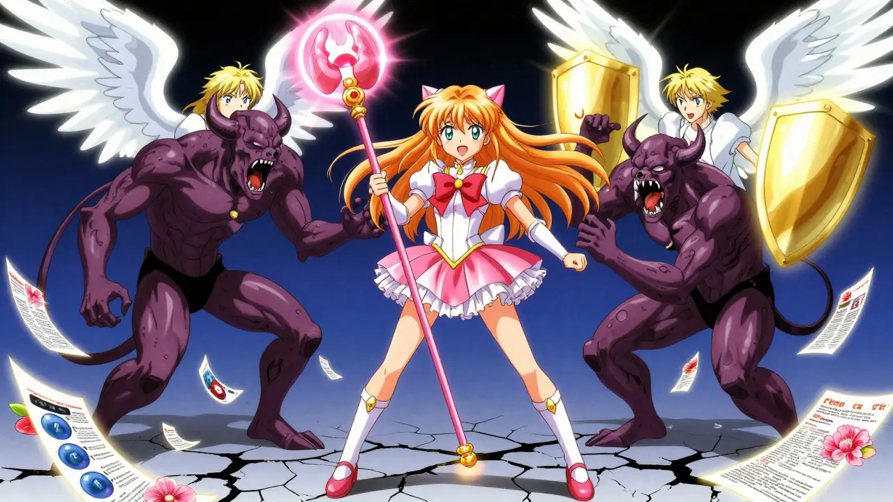 Heroine battling statin demons with healing thyroid staff while safer statins shine nearby.