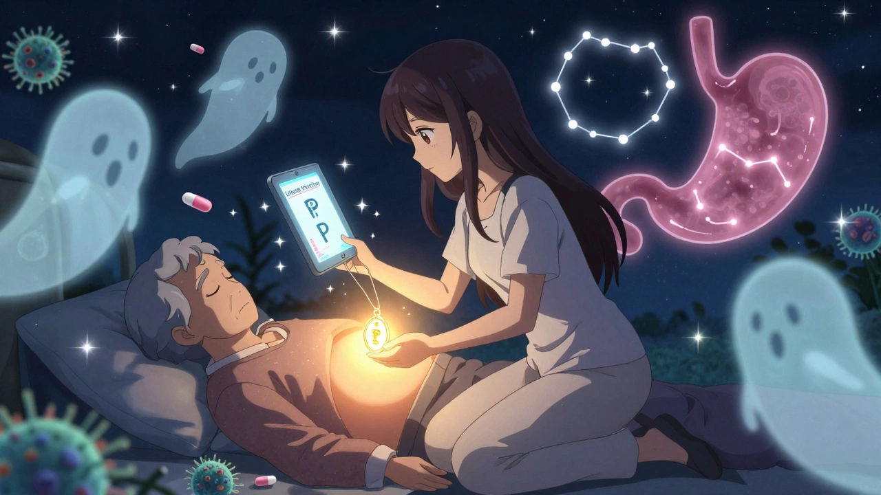 Heroine comforts elderly patient with PPI pendant as harmful bacteria dissolve into sparkles