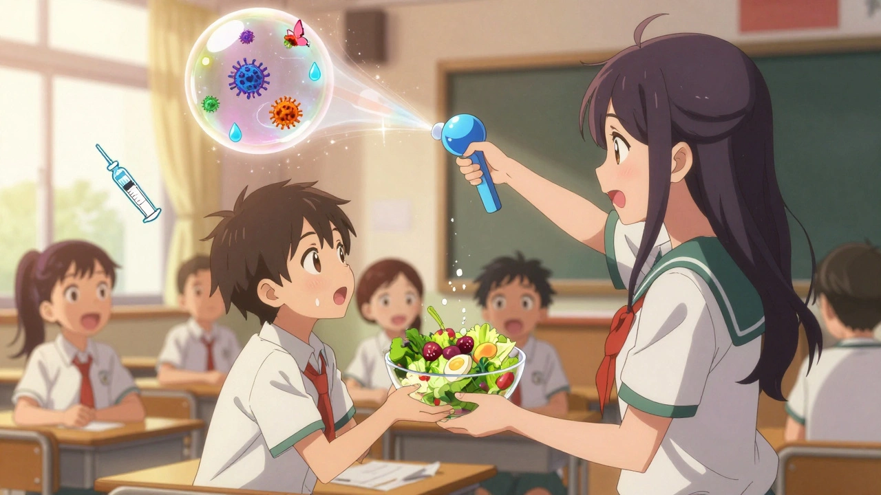 Magical girl cleansing contamination with soap bubbles in a schoolroom