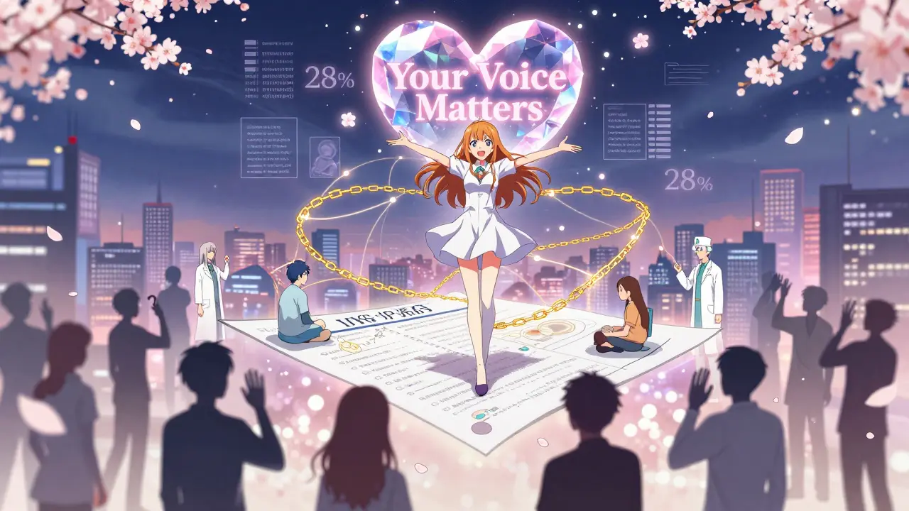 Magical girl connecting patients and providers with golden chains of communication under a glowing heart.