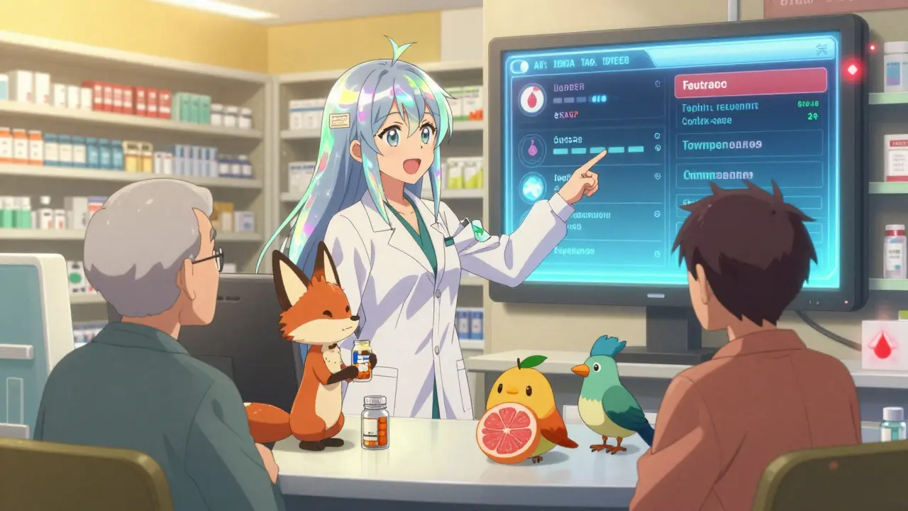 Magical girl in a pharmacy guiding a patient with spirit animals and interactive drug alerts.