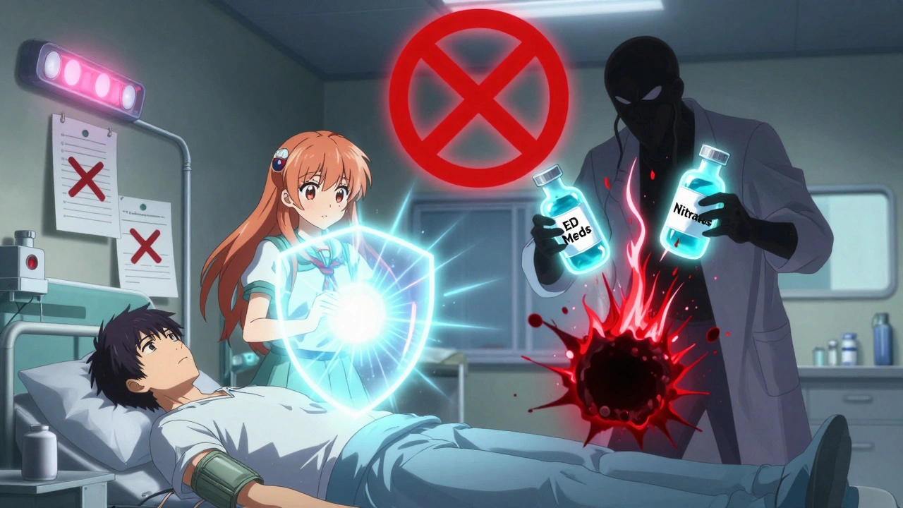 Magical girl shielding a patient from a collapsing blood pressure black hole in an emergency room.
