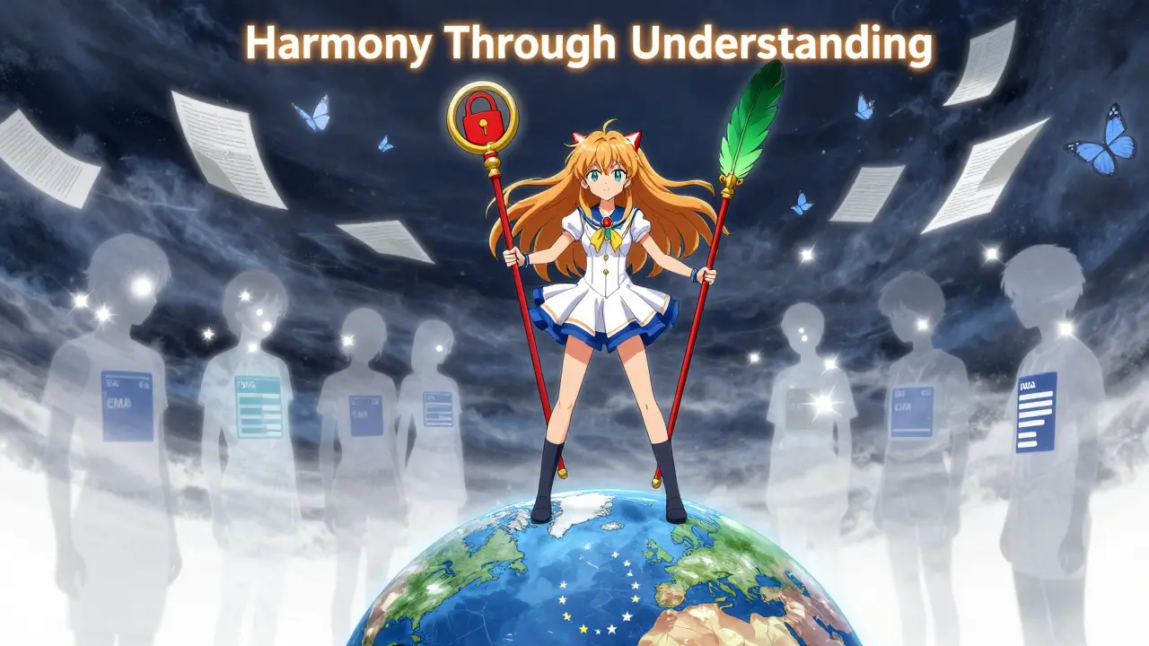Magical girl with REMS and RMP staffs standing on a globe, patients rising with different labels