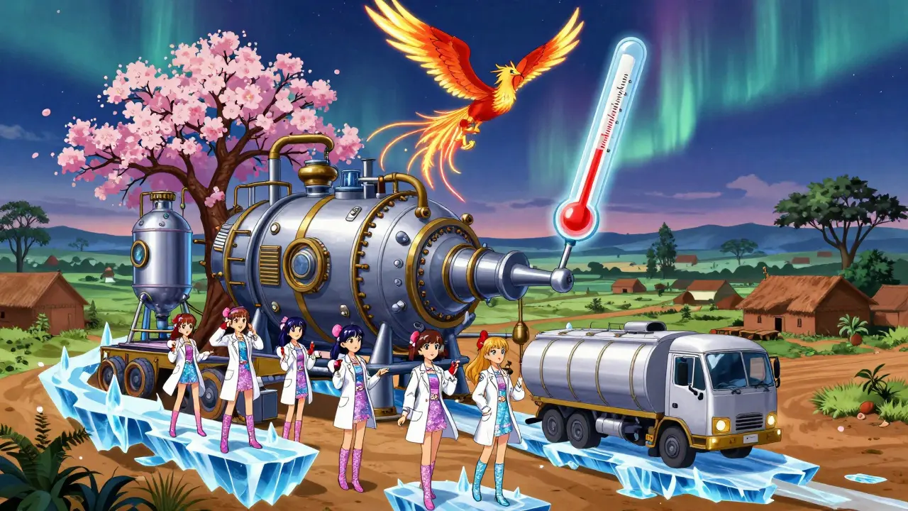 Magical girls operate a glowing vaccine factory with bioreactors blooming like flowers.
