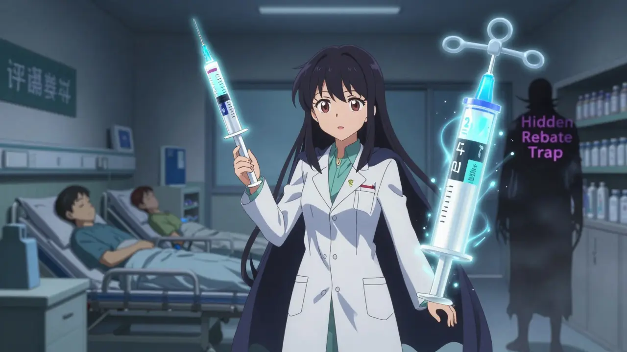 Magical pharmacist summoning dual-sourced generics with rebate and stability auras to prevent shortages.