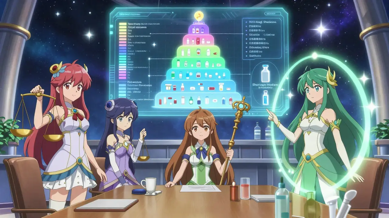 Mystical P&amp;T committee guardians balancing clinical safety, cost, and supply stability in a celestial pharmacy.