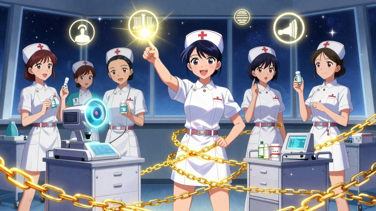 Nurses activate a glowing safety system with golden chains around medication carts at night.