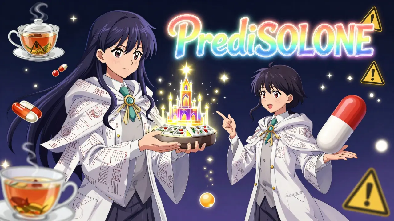 Pharmacist in glowing robes helping compare similarly named pills