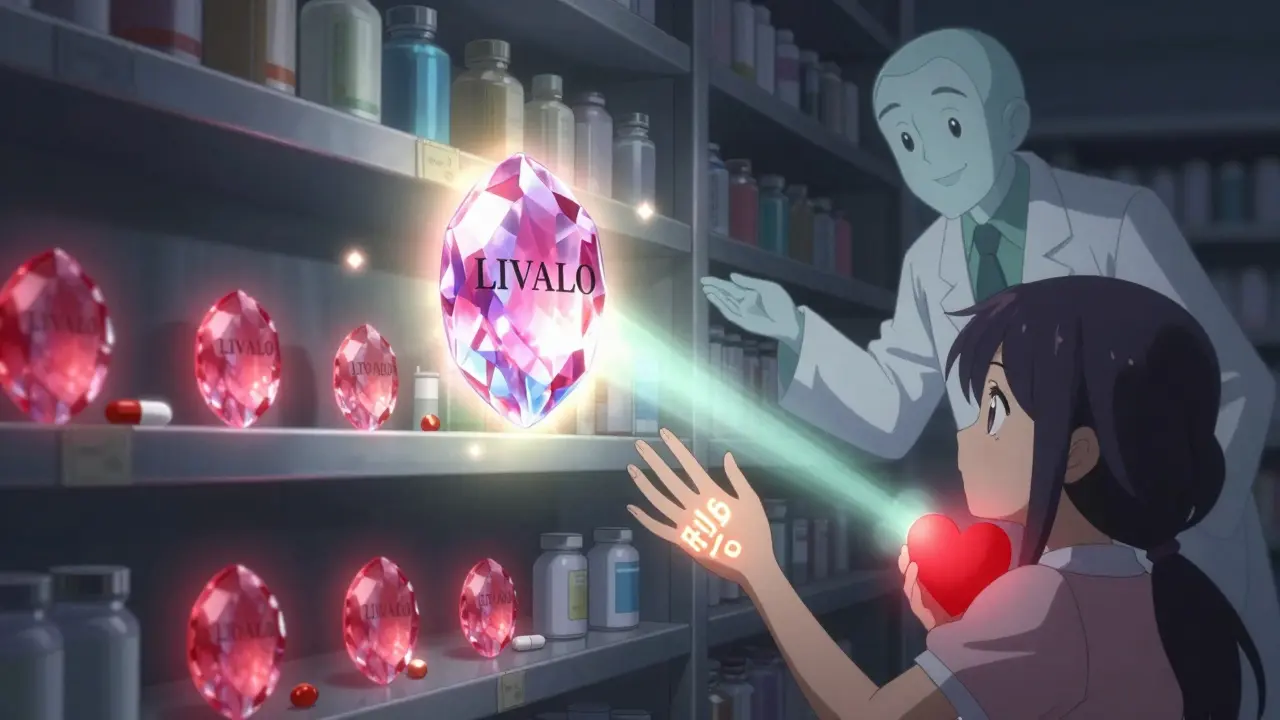 Pitavastatin as a glowing gemstone on a magical pharmacy shelf, safe for metabolism.