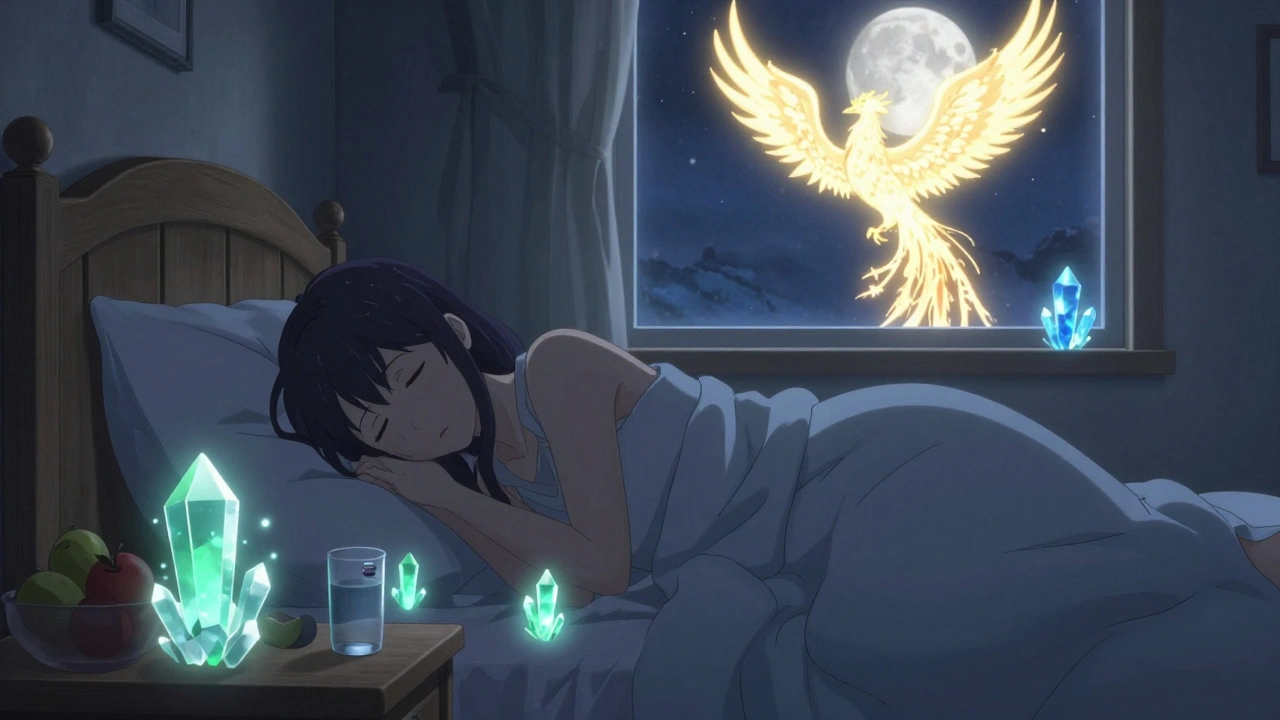 Recovering adult surrounded by healing crystals under a moonlit window