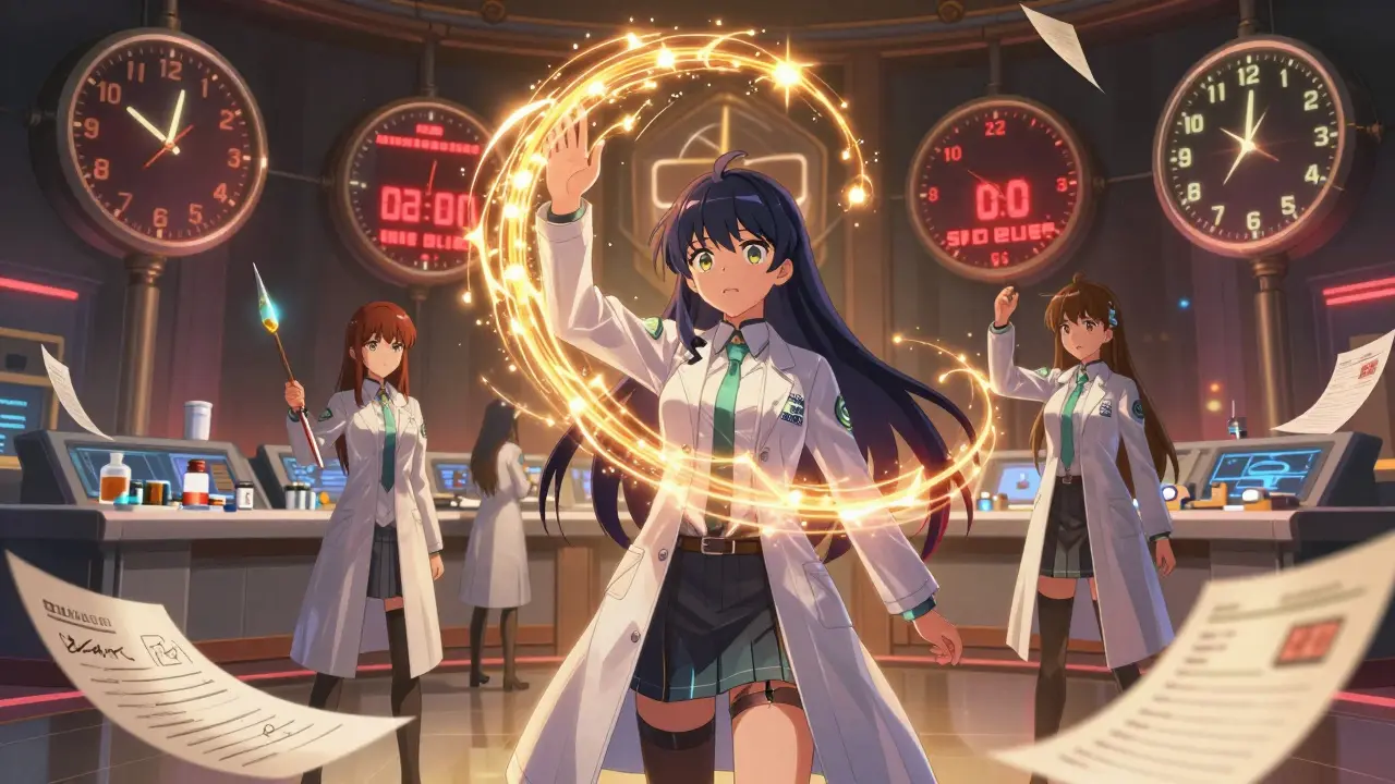 Team of magical girls in high-tech lab coats casting validation spells in a control room with glowing audit trails.