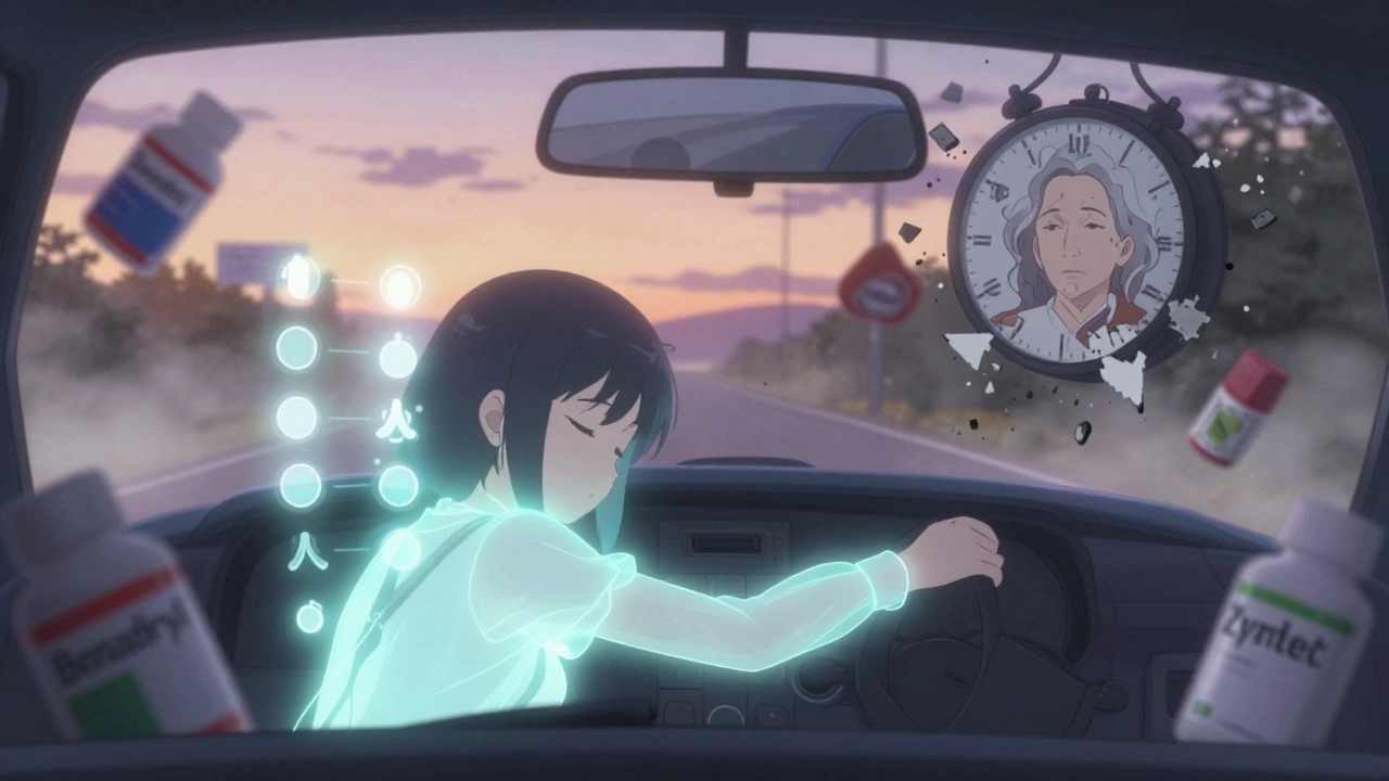 Teen driver at dawn with shutting brain receptors, blurred road signs, spectral clock, and pharmacy bottles in mist.