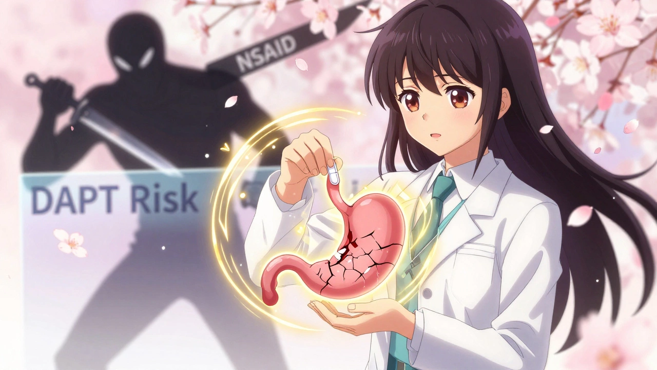 Young heroine heals a damaged stomach with a glowing pill as dangerous NSAID shadows are blocked