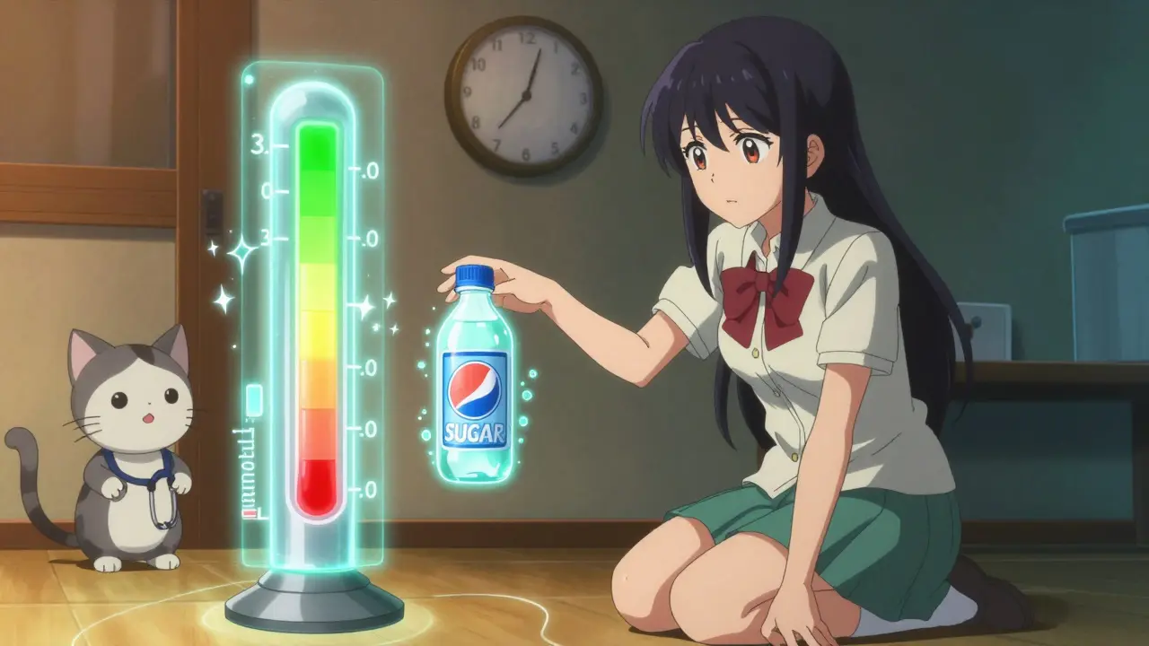 A girl checking blood ketones with a holographic scale, sugar-free drink glowing beside her, manga style