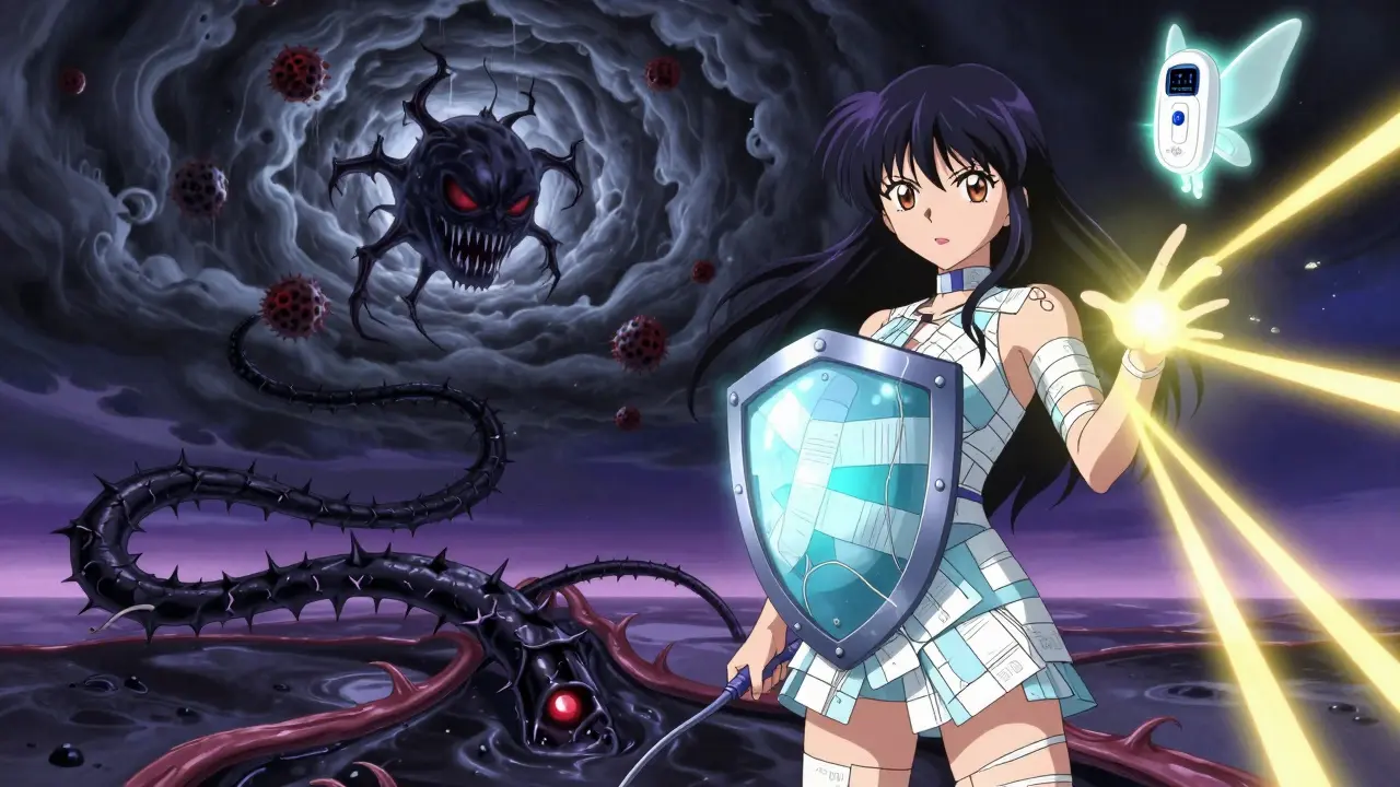 A girl shielding herself from infection demons with a sterile bandage shield, while a floating sensor glows beside her.