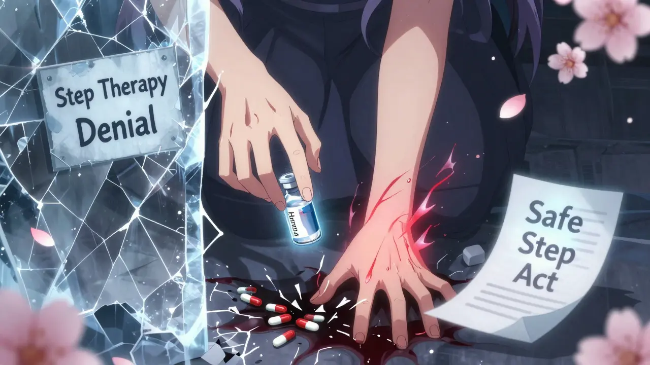 A hand reaches through an icy denial barrier toward a shimmering brand-name drug, shattered pills below, magical energy glowing.