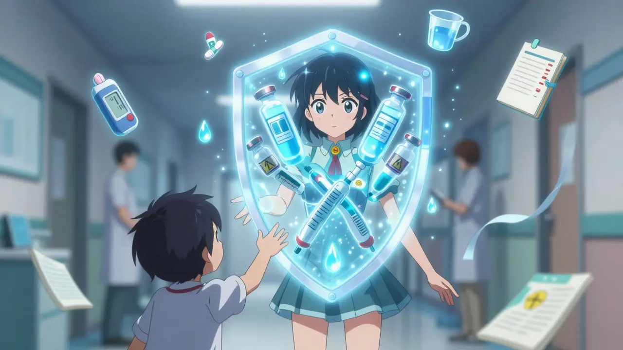 A magical girl helping another in a hospital, surrounded by floating medical supplies, anime style