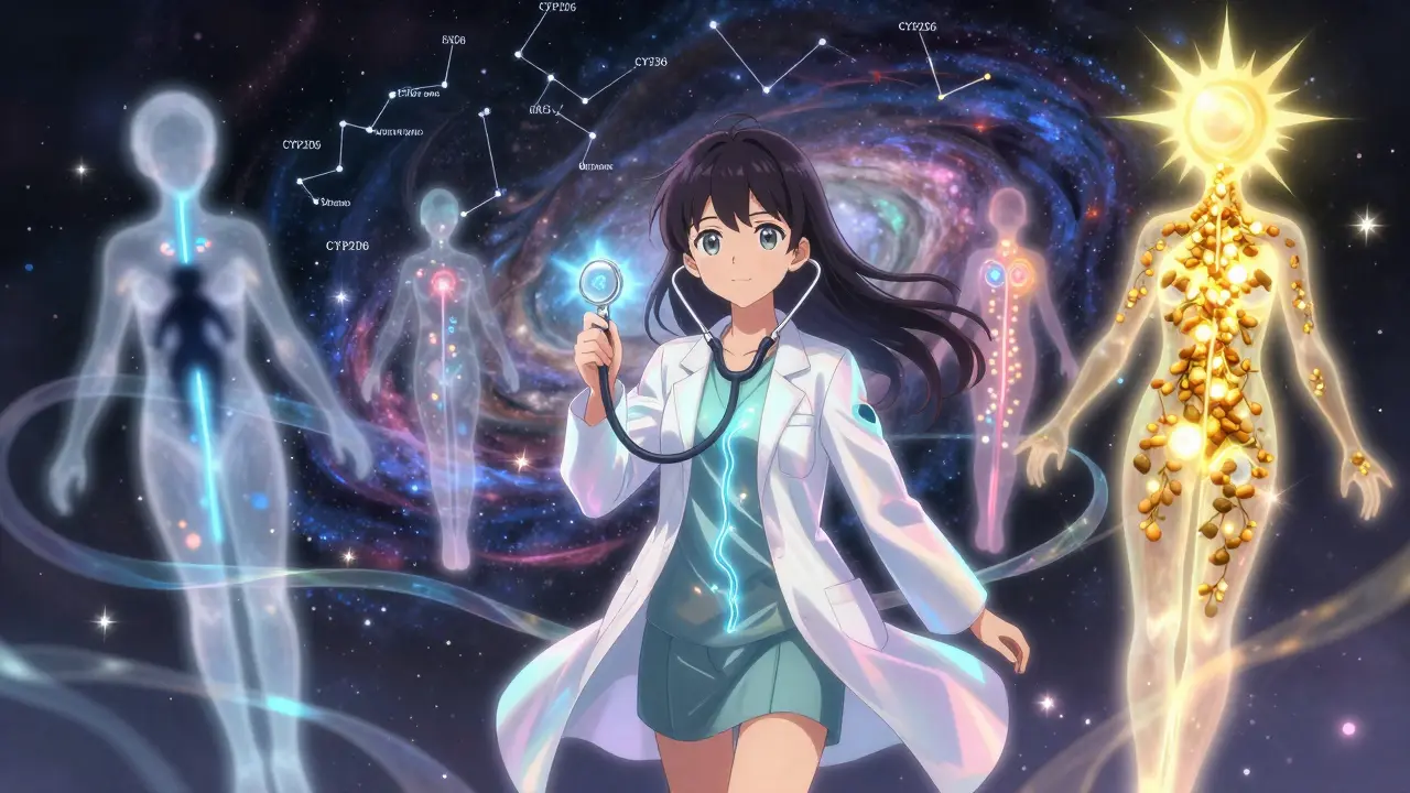 A magical girl warrior reveals hidden drug pathways in patients, with inhibitor shadows and golden inducers swirling around them.