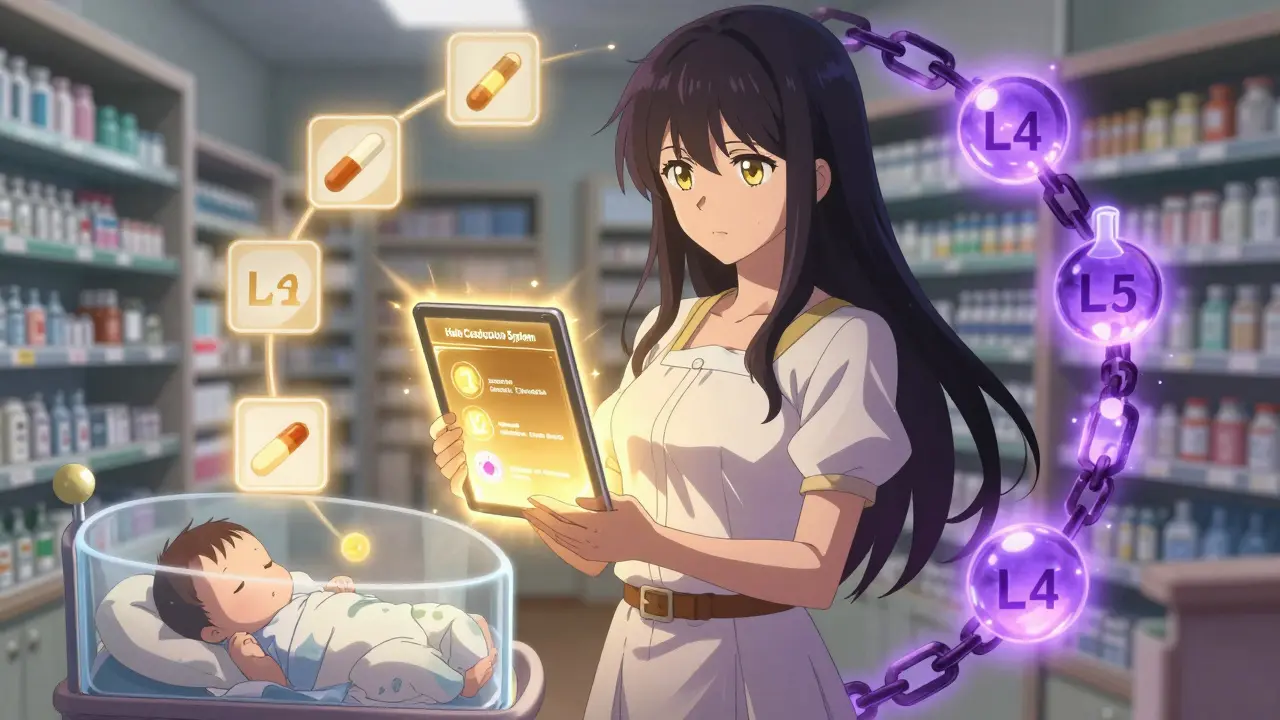 A mother standing confidently with a Hale classification system glowing in protective light.