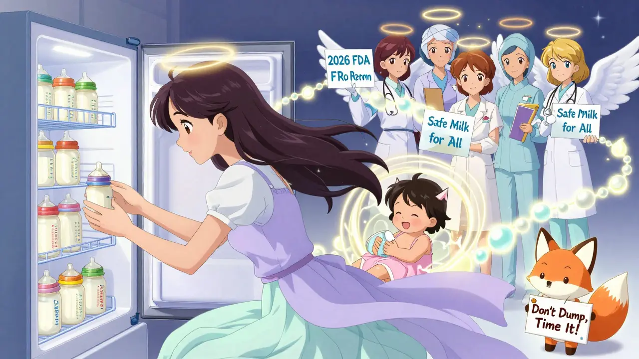 A mother stores milk in a magical freezer portal showing her future healthy child, surrounded by healthcare angels.