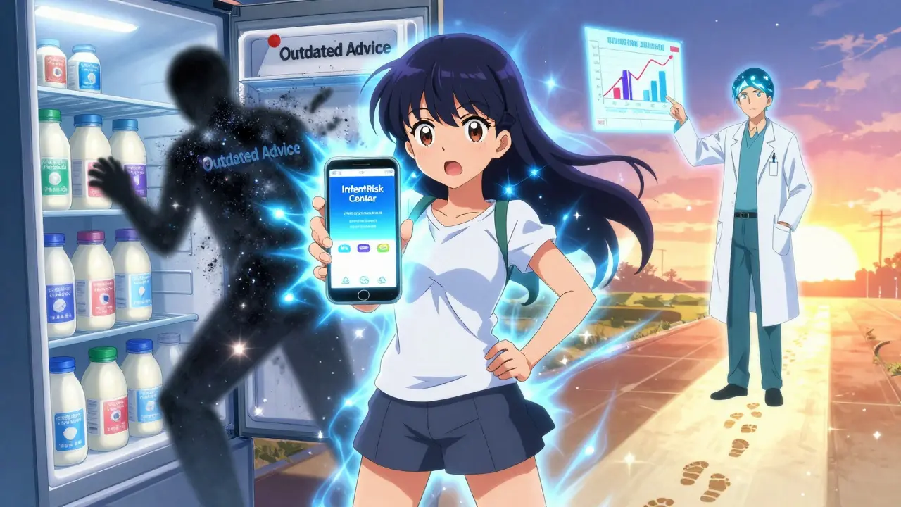 A mother uses a glowing app as shadowy outdated advice fades, while a starlight doctor guides her with safety data.