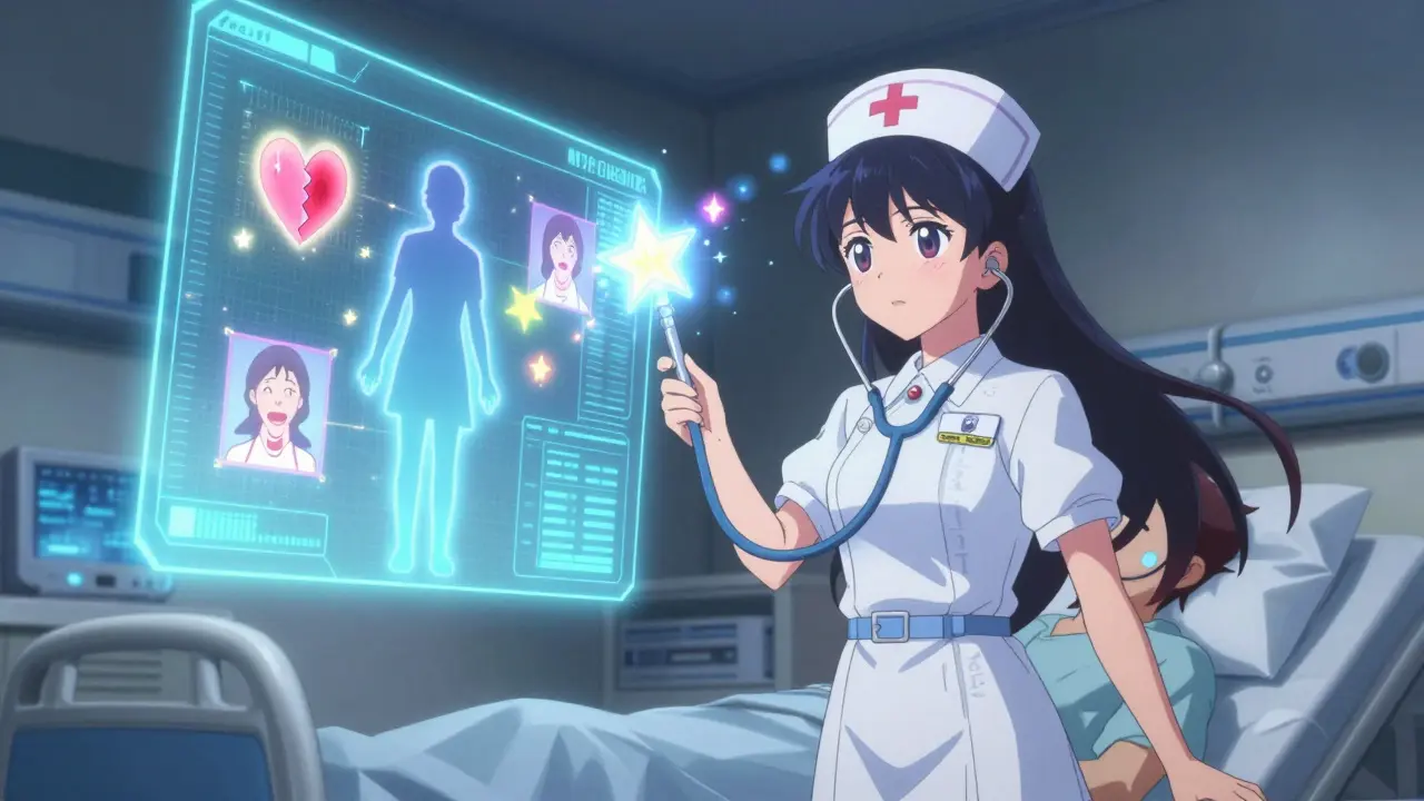 A nurse using a stethoscope wand to channel light into a digital MedWatch interface above a patient.