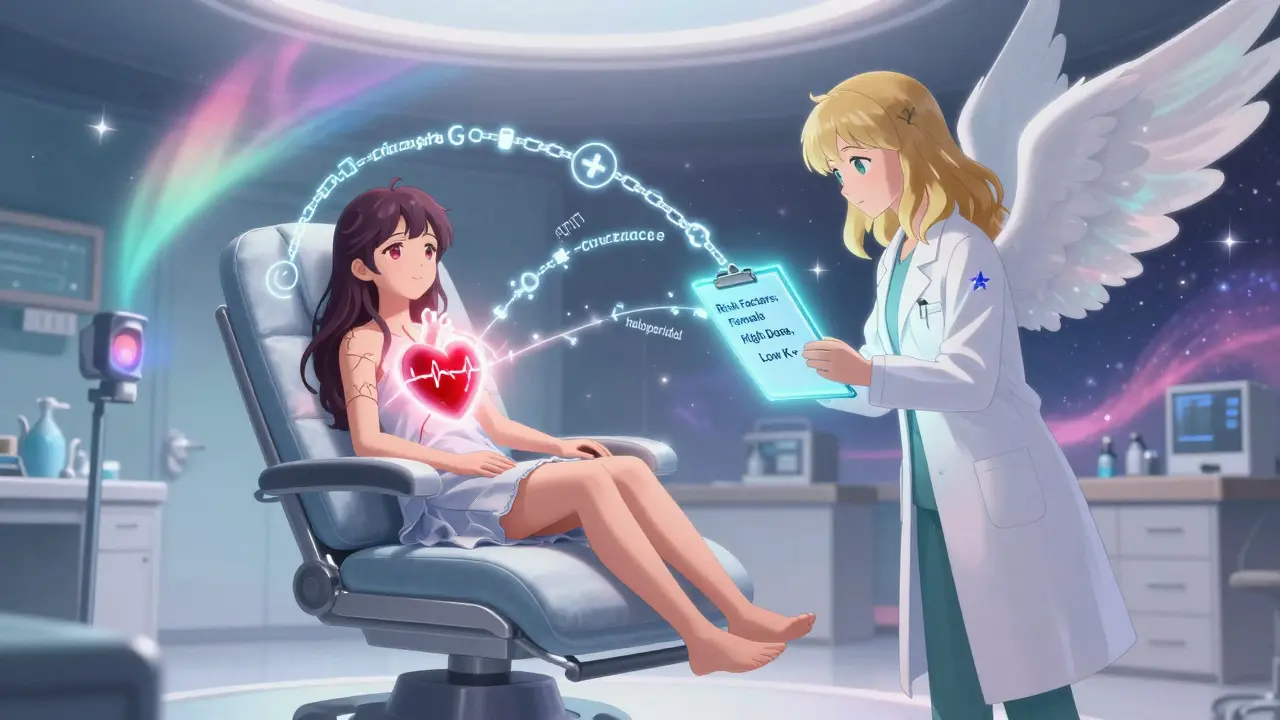 A patient's heart glows red with a dangerous rhythm, while magical runes of risky drugs are sealed away by starry chains.