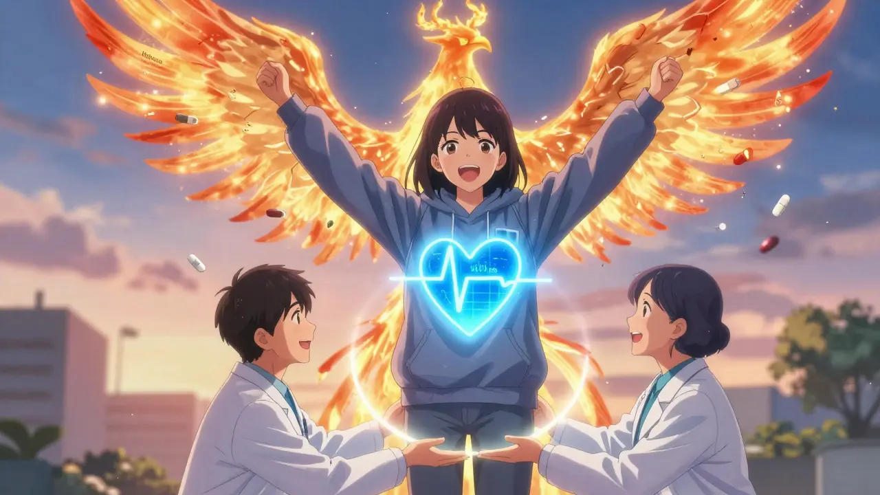 A patient transforms into armor shaped like a healthy ECG waveform as a healing phoenix rises behind them.