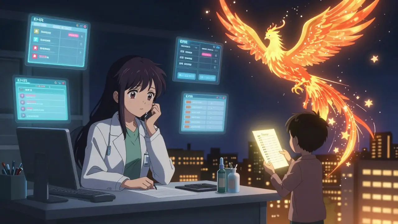 A tired pharmacist is revitalized by a patient’s medication list, summoning a healing phoenix.