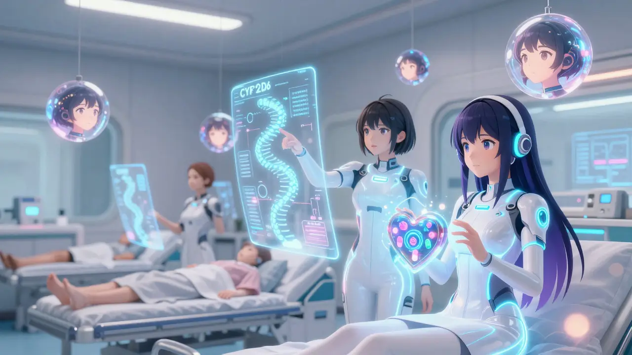 AI orbs and genetic holograms protecting patients in a futuristic magical hospital.