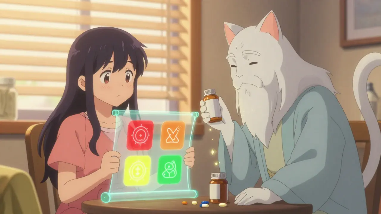 An elderly patient with hovering color-coded alert sigils, guided by a spirit made of medicine bottles in warm golden light.
