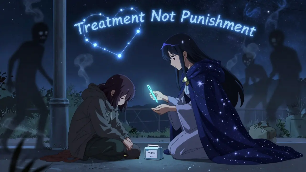 Celestial guardian placing insulin and naloxone beside a homeless person under a heart-shaped constellation.