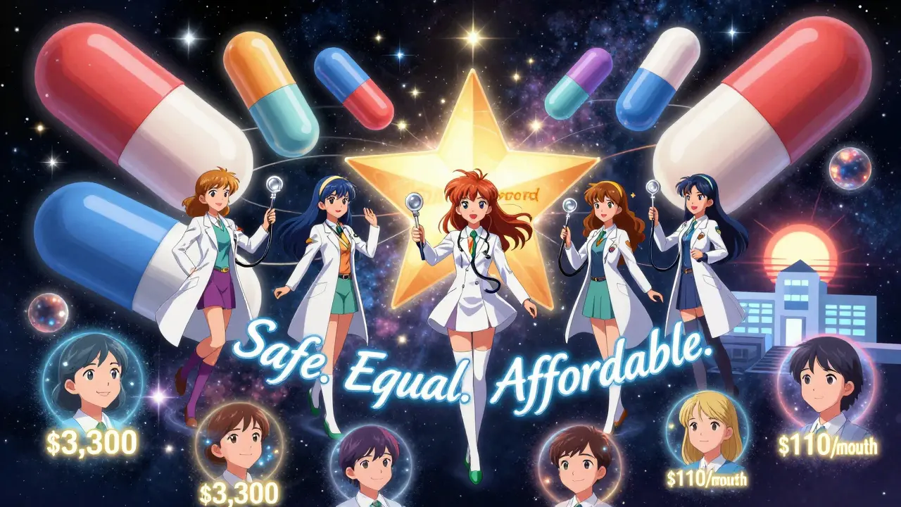 Cosmic pharmacy with floating pills and warriors turning expensive drugs into affordable generics.