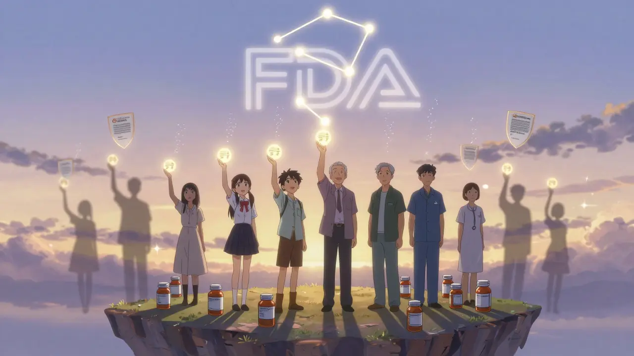 Diverse people holding glowing report orbs that rise into a constellation shaped like the FDA logo.