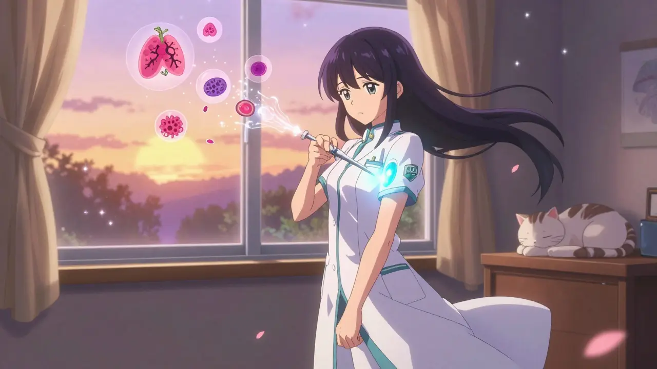 Girl administering SCIG therapy at home, transforming pathogens into petals