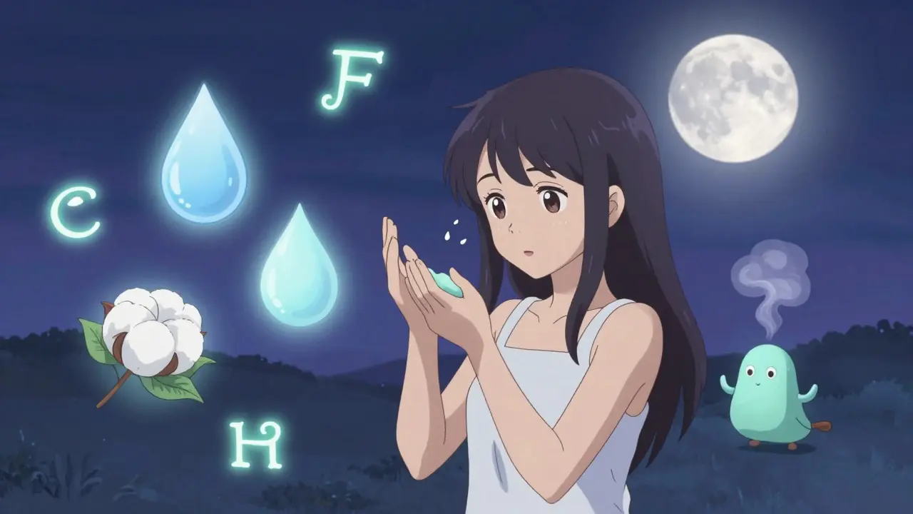 Girl applying monthly treatment under moonlight, surrounded by symbols of skin balance and fading yeast.