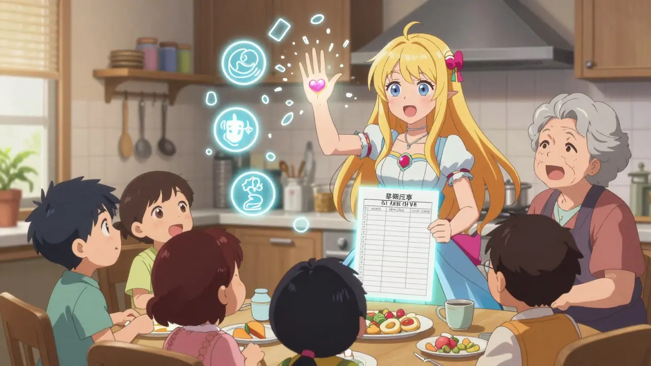 Grandmother transforming into a warrior with a glowing medication list, family watching in support.