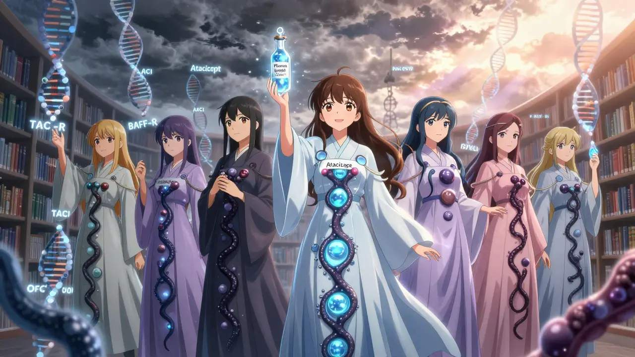 Group of magical girls in immunoglobulin robes defending against immune threats