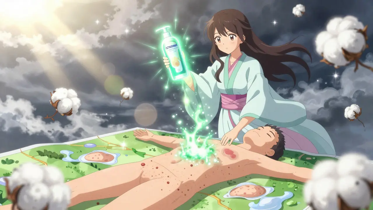 Magical girl casting a cleansing spell with glowing shampoo over a map of the torso, dissolving discolored patches.