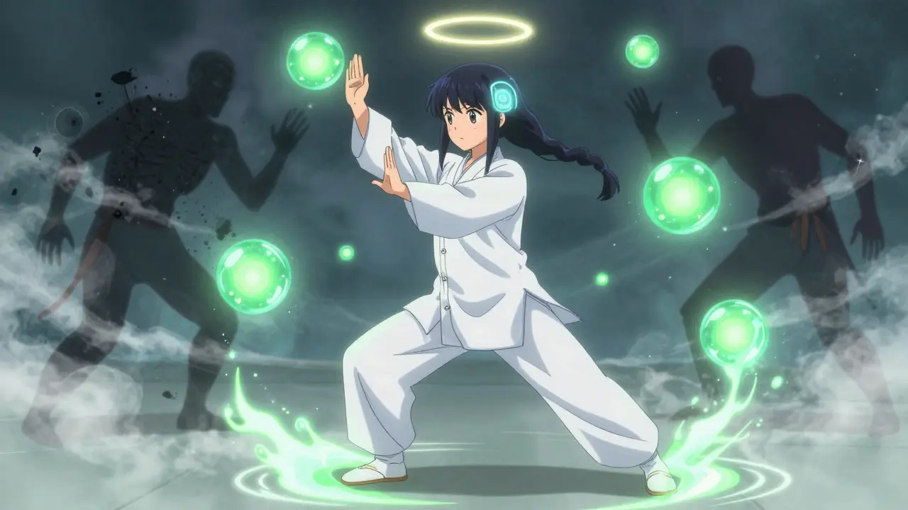 Magical girl doing Tai Chi, energy ripples healing stiffness, DBS implant glowing, shadowy symptoms dissolving.