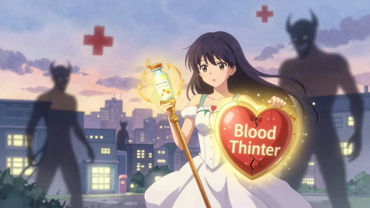 Magical girl healing a heart shield with acetaminophen's golden light