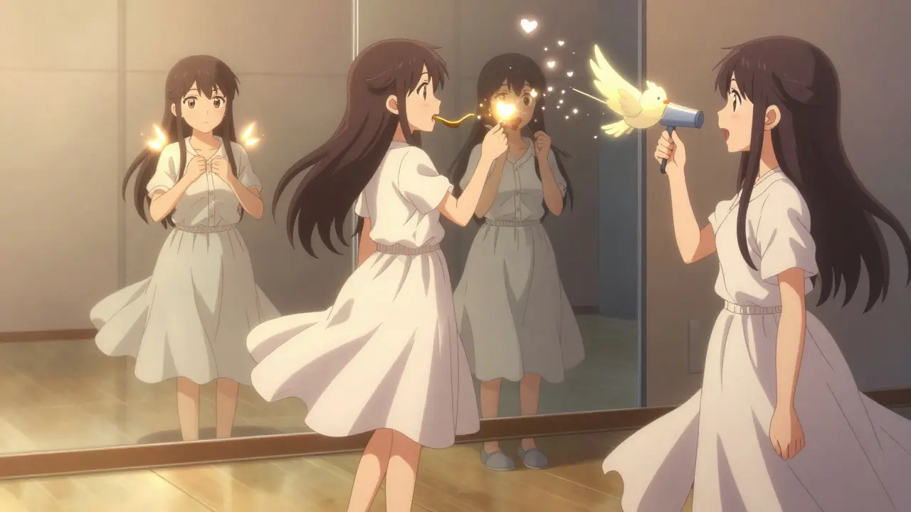 Magical girl in adaptive clothing performing daily tasks, with enchanted tools helping her move and speak.