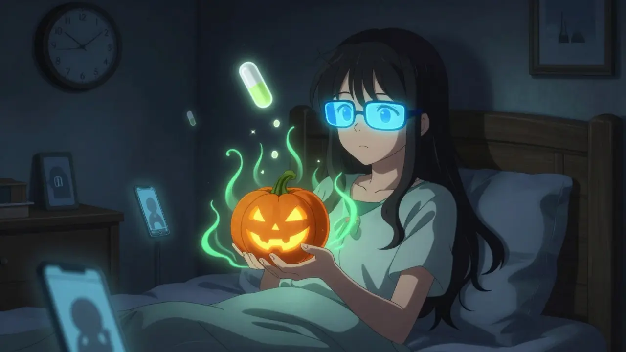 Magical girl wearing amber glasses in dark room, calming sleep-disrupting pills with magnesium energy.